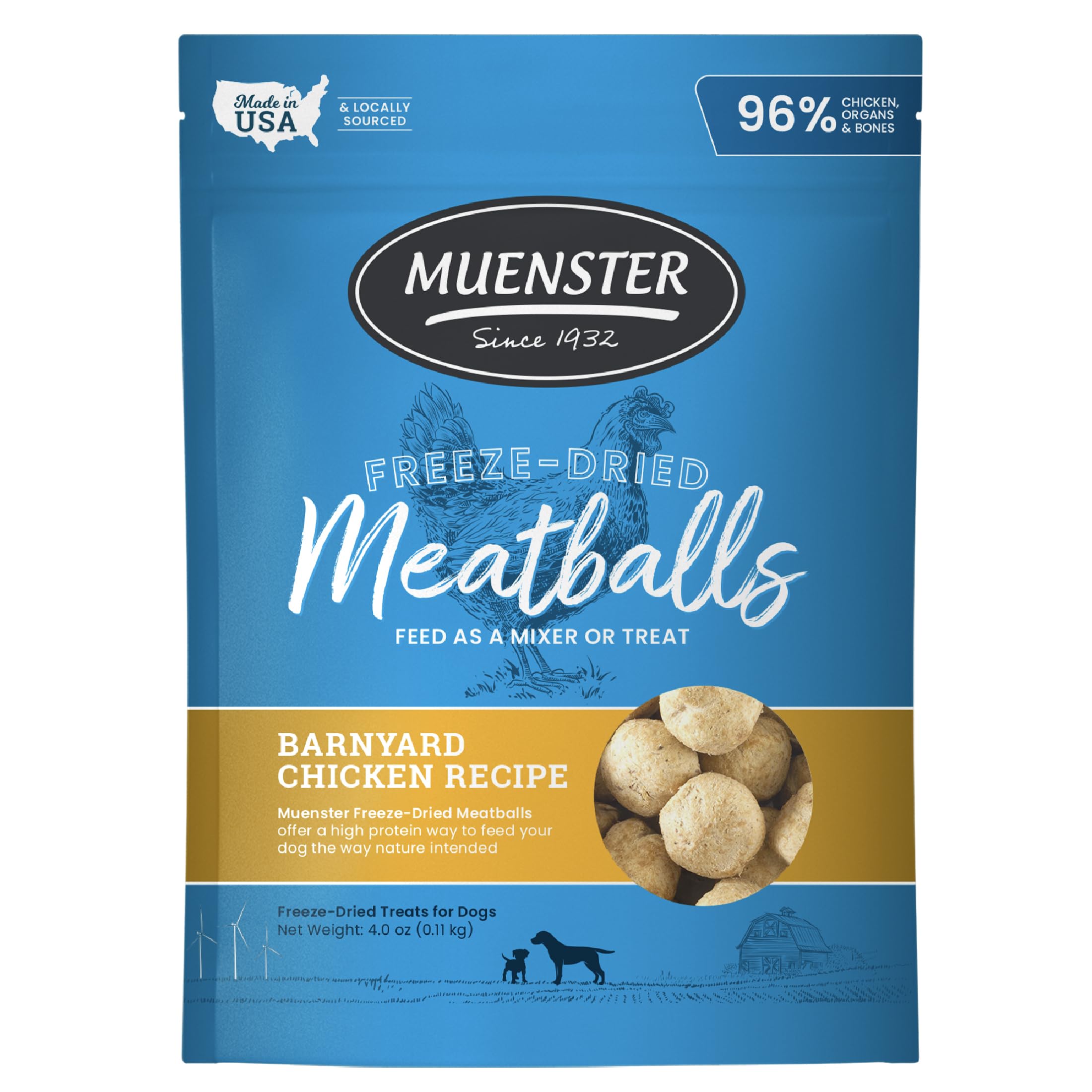 Muenster freeze-dried chicken meatball dog treats packaging, grain-free and USA-made for sensitive dogs.