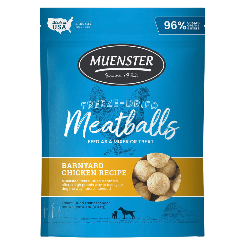 Muenster freeze-dried chicken meatball dog treats packaging, grain-free and USA-made for sensitive dogs.