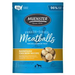Muenster freeze-dried chicken meatball dog treats packaging, grain-free and USA-made for sensitive dogs.