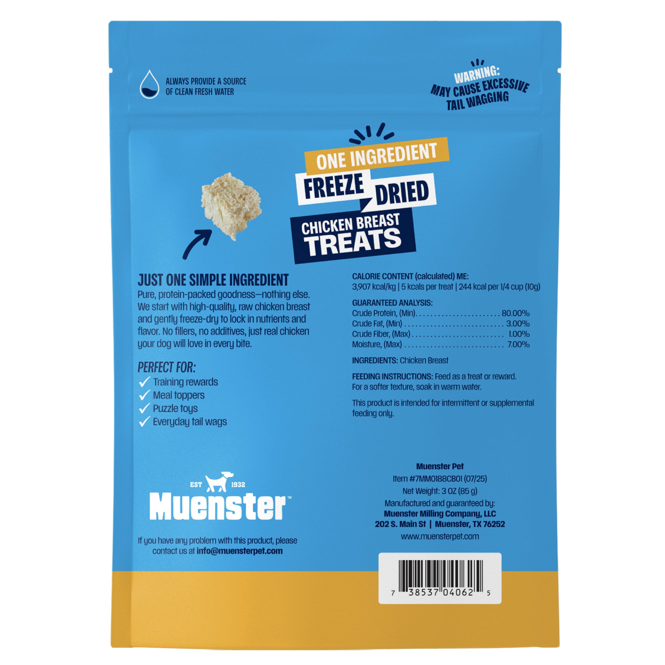 Muenster freeze-dried chicken bites label highlights pure protein for rewards.