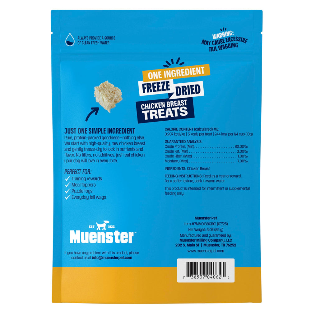 Muenster freeze-dried chicken bites label highlights pure protein for rewards.