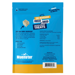 Muenster freeze-dried chicken bites label highlights pure protein for rewards.