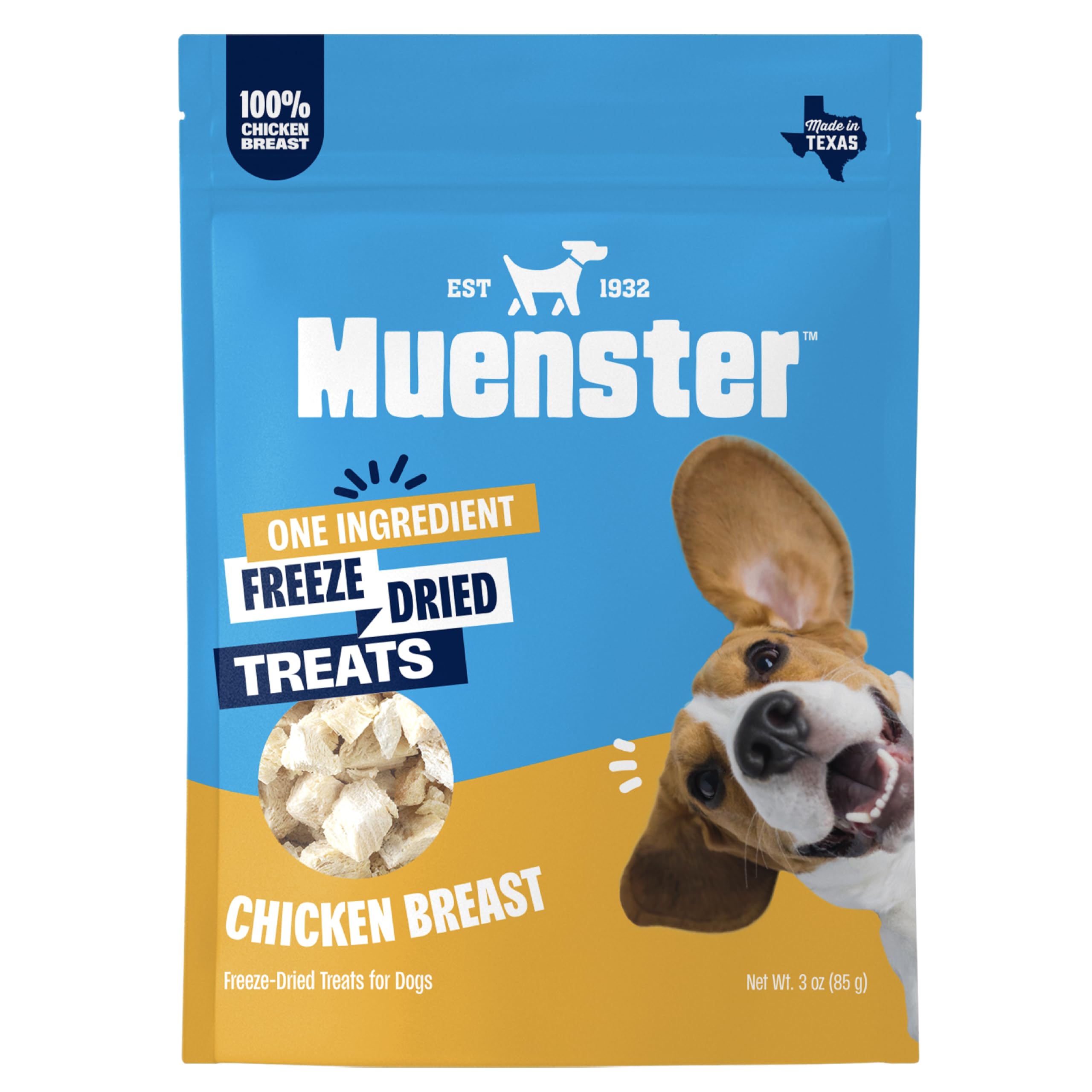 Muenster freeze-dried chicken bites packaging shows single-ingredient convenience for pets.