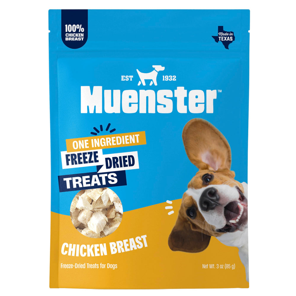 Muenster freeze-dried chicken bites packaging shows single-ingredient convenience for pets.