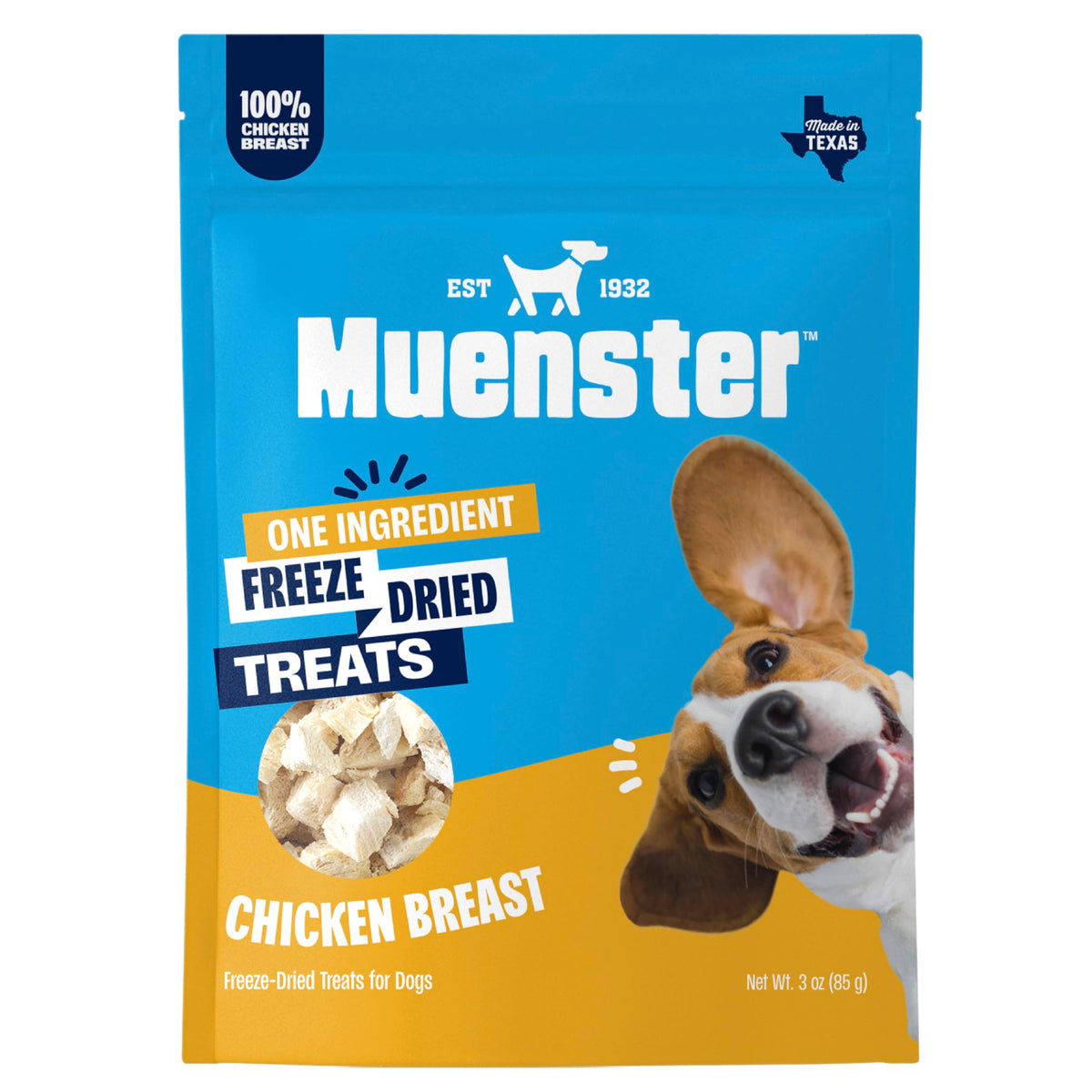 Muenster freeze-dried chicken bites packaging shows single-ingredient convenience for pets.