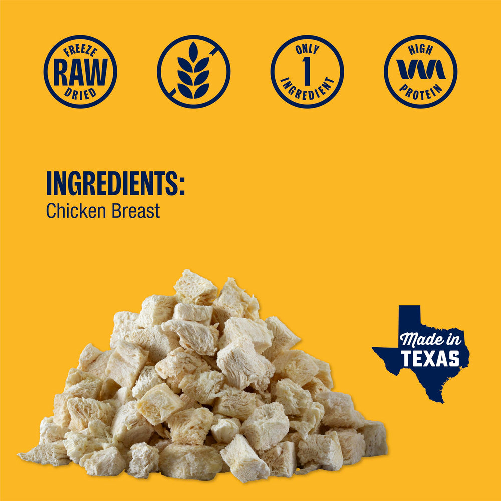 Muenster freeze-dried chicken bites serving bowl demonstrates versatile snack options.