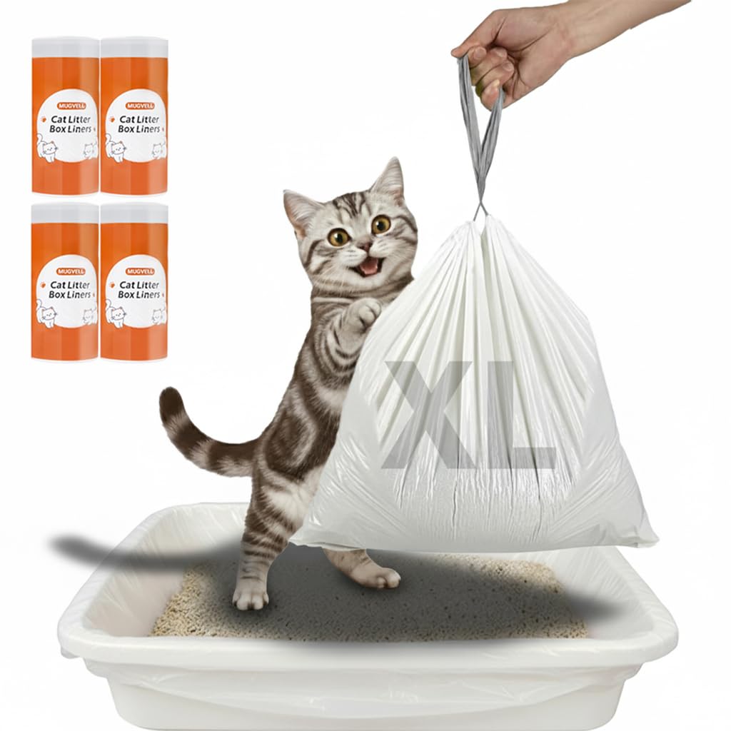MUGVELL litter box liner closeup with drawstring seal for mess-free cleanup.