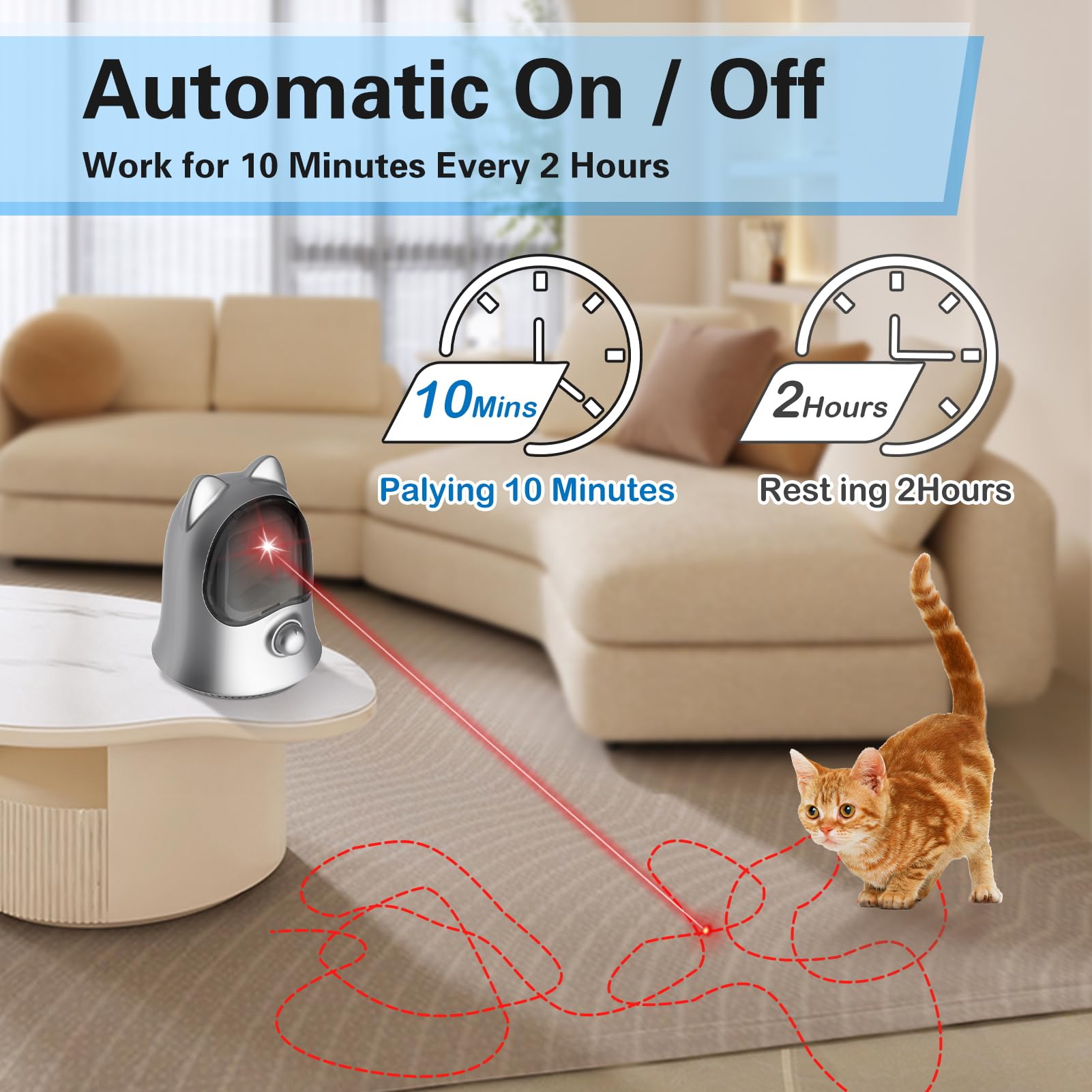 Muhhiba cat laser toy auto-off feature conserves power during sessions.