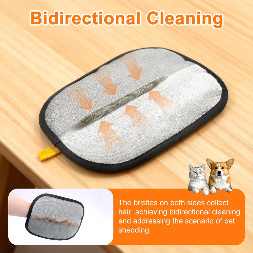 Multi-surface cleaning glove shown on fabrics, furniture, and car interiors.