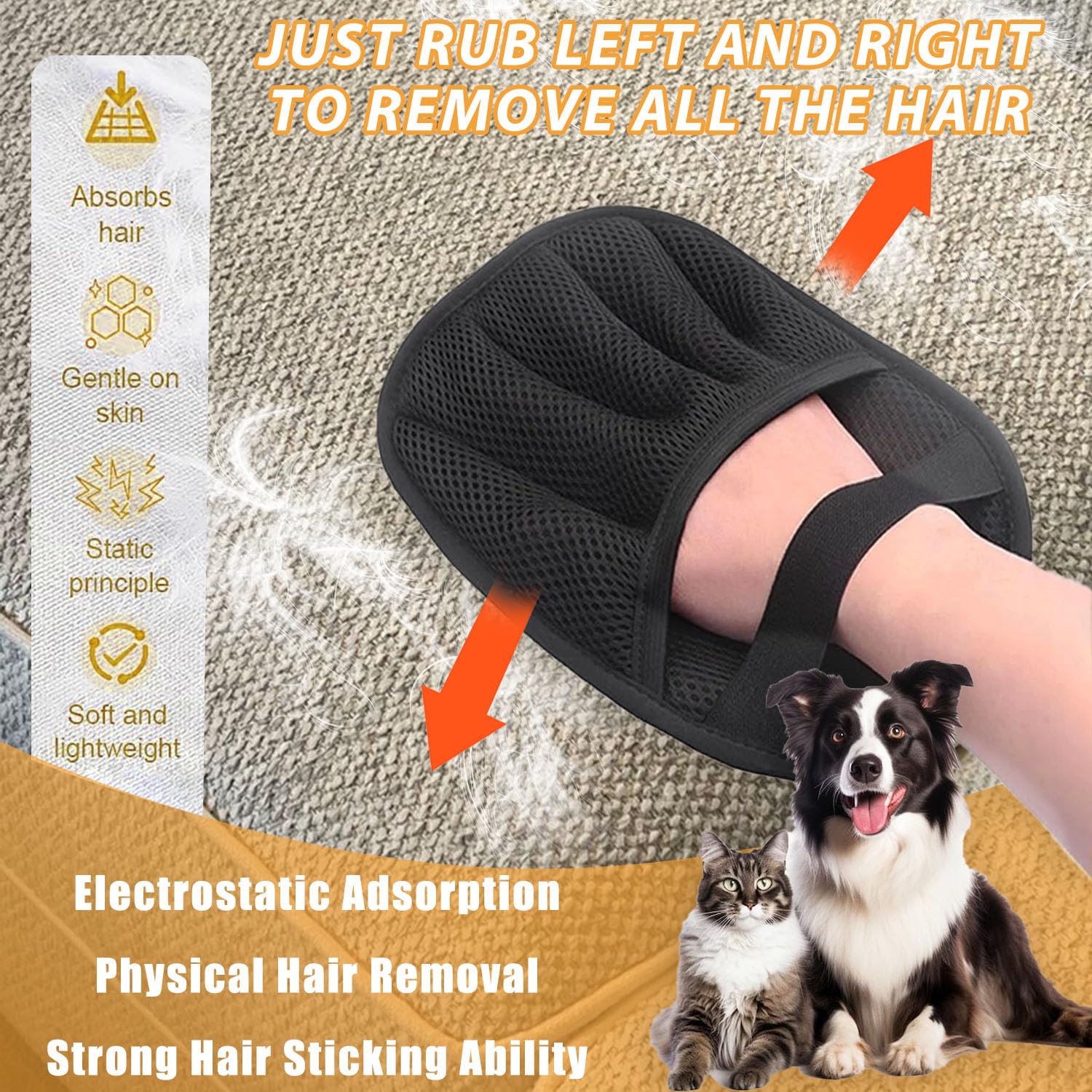 2PCS Pet Hair Removal Glove used on furniture shows multi surface fur removal.