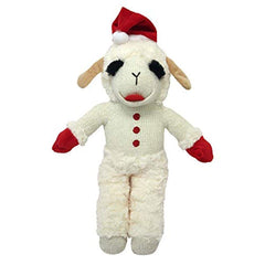 Multipet dog standing holiday lamb chop santa hat front view, festive plush squeaker for dogs