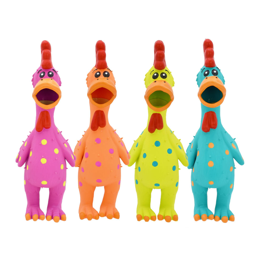 Multipet Globkens chicken polka-dot toy for interactive play and squeak action.