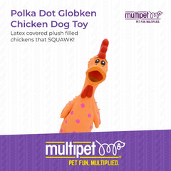 Multipet Globkens chicken squeaker activates squawks during play sessions.