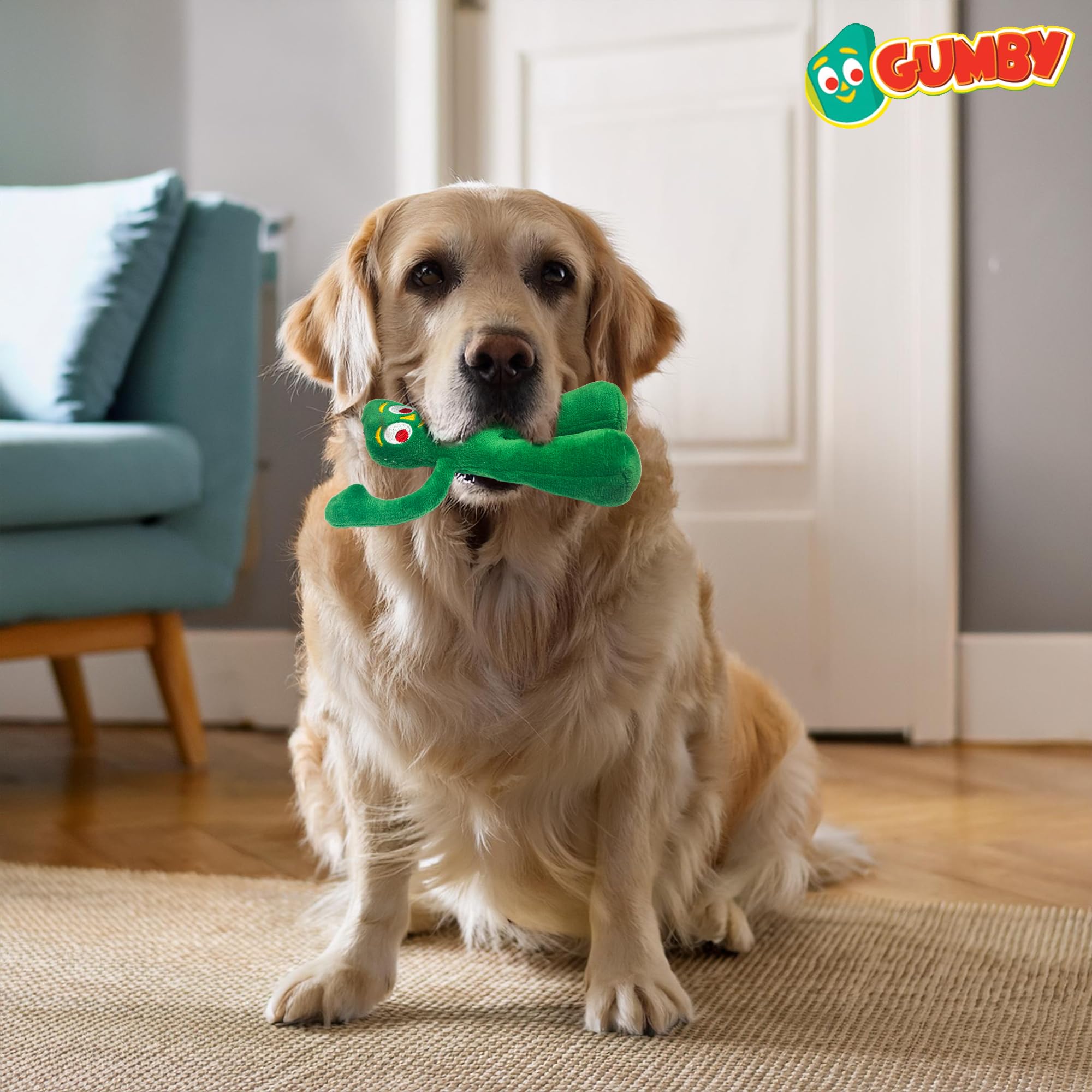 Multipet Gumby toy in action supports indoor-outdoor play and gentle chewing.