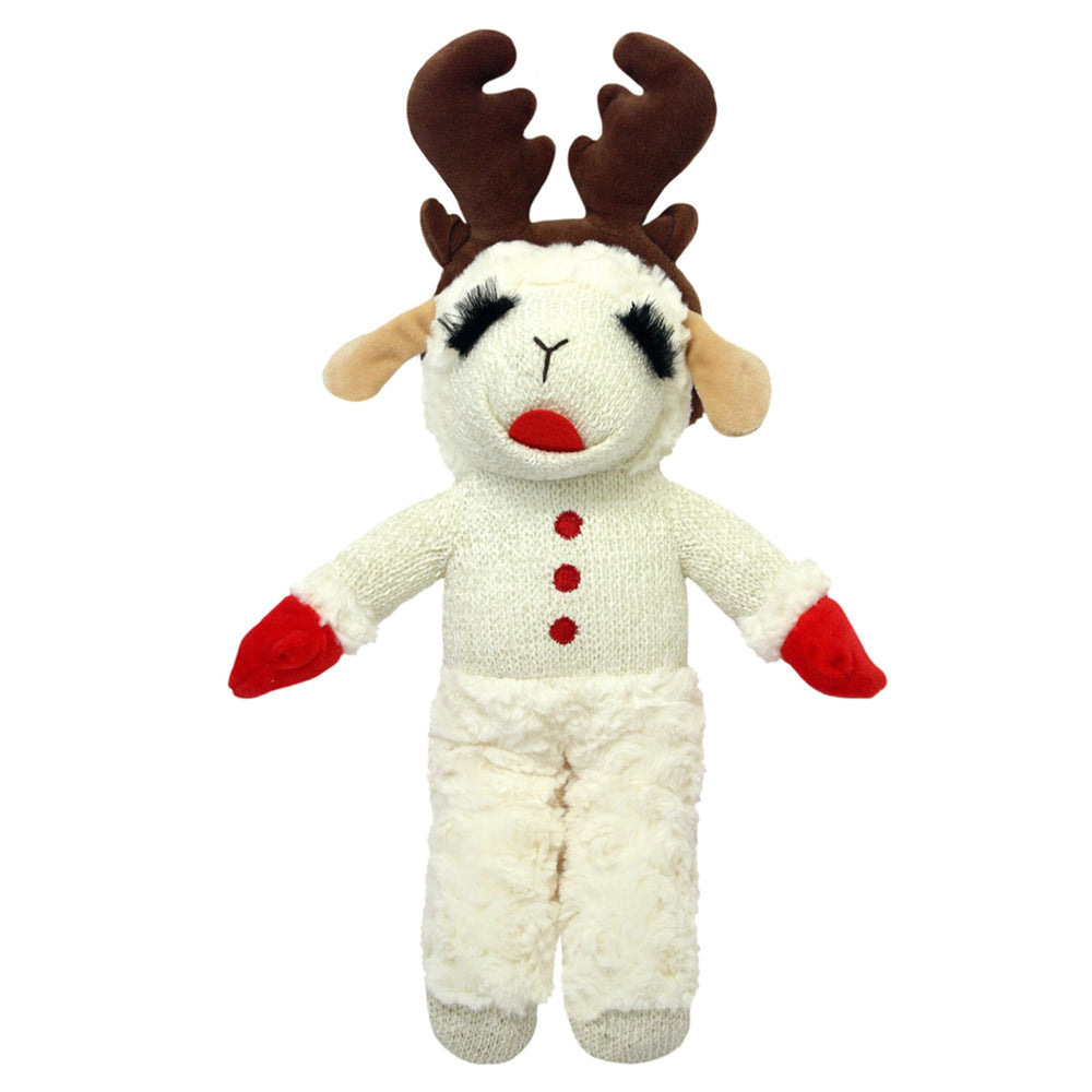 Multipet Holiday Lamb Chop with Antlers toy—festive interactive play for dogs.
