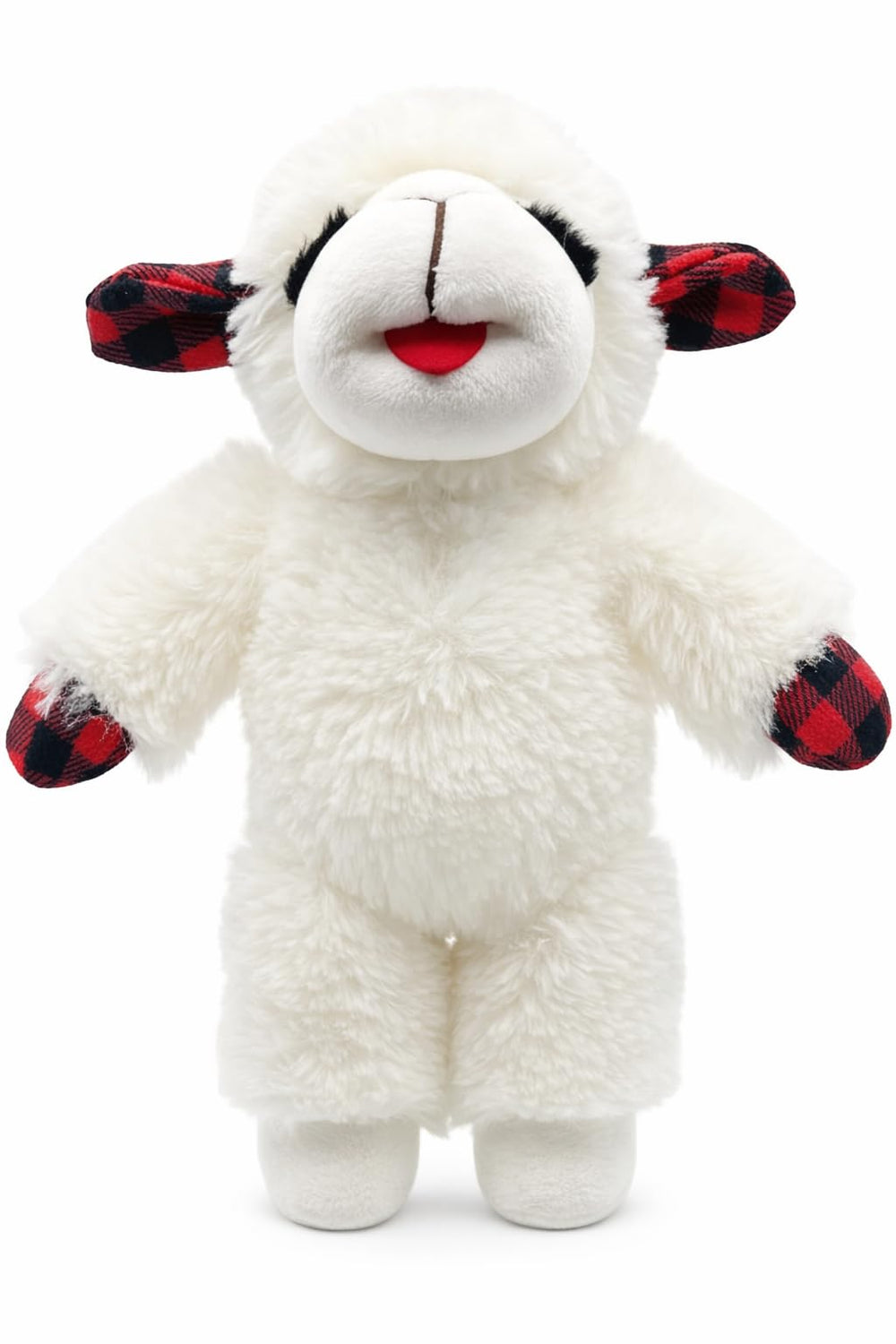 Multipet Holiday Lambchop plush toy front view with plaid design for festive playtime.