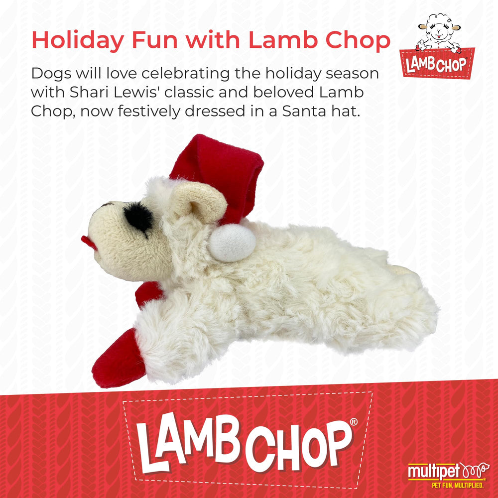Multipet Lamb Chop close-up shows plush fabric and squeaker for interactive play.