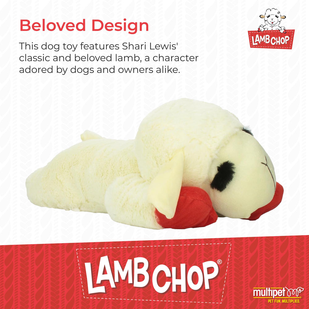 Multipet Lamb Chop cream plush closeup highlights soft cuddle texture.