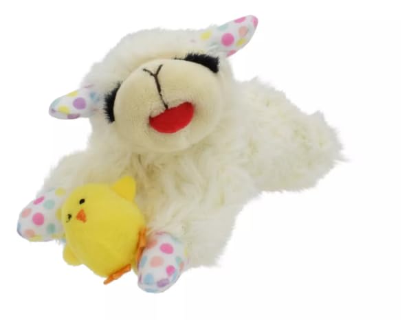 Multipet Lamb Chop Mini Spring Chick Polka Dot toy side view supports cuddling and easy carrying