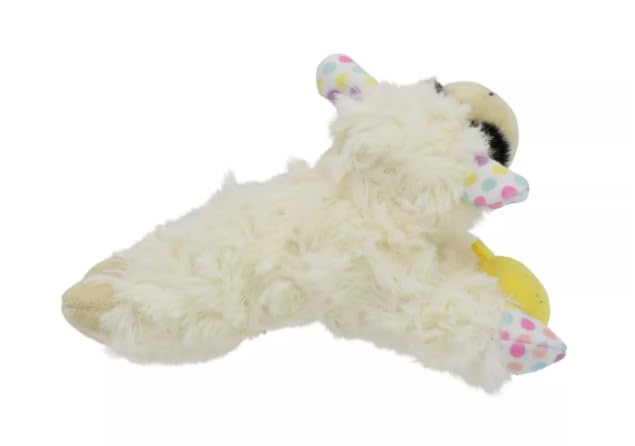 Multipet Lamb Chop Mini Spring Chick Polka Dot toy squeaker closeup demonstrates engaging interactive play