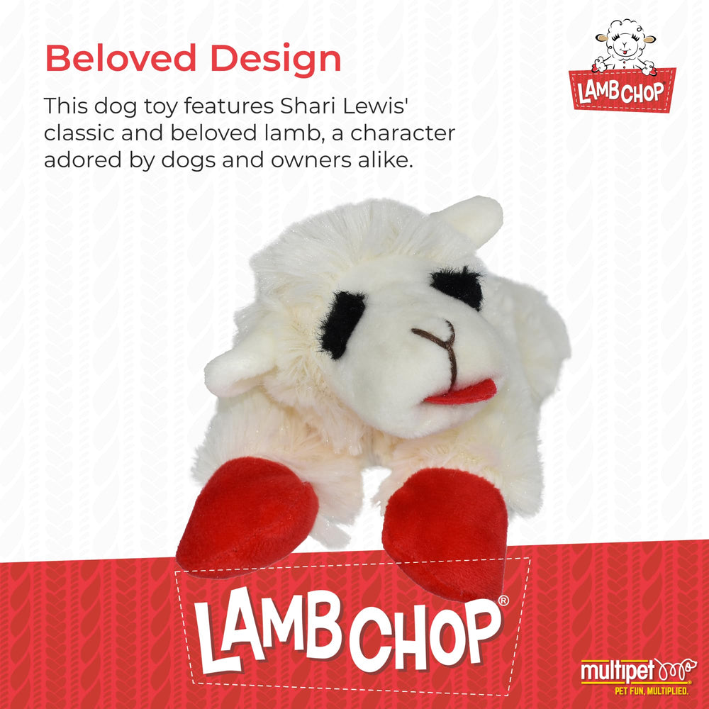 Multipet Lamb Chop plush with squeaker inside for interactive play.