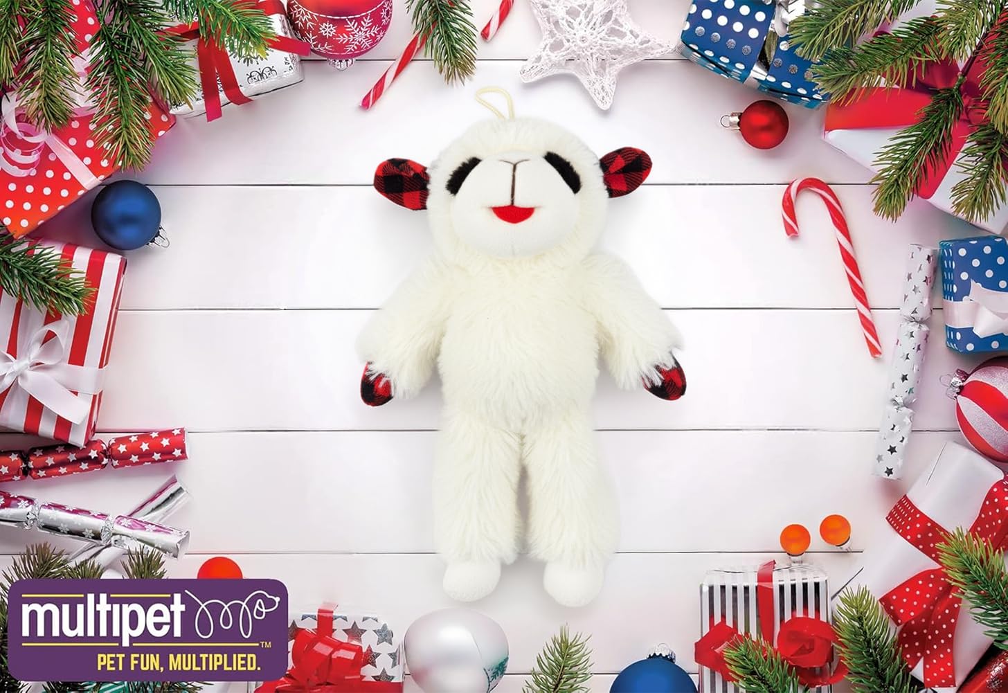 Multipet Lambchop plaid fabric closeup highlights soft, durable plush.