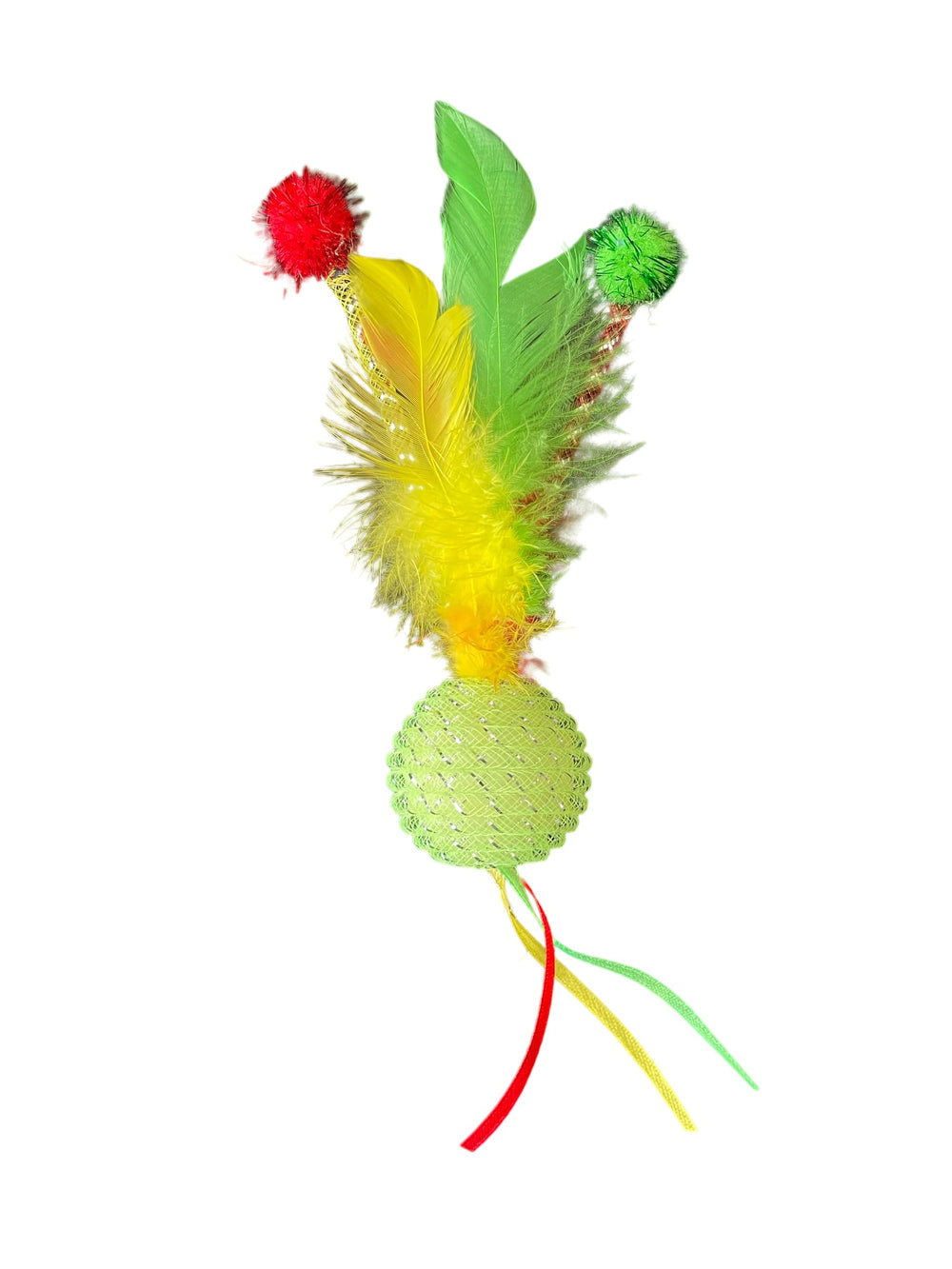 Multipet mesh feather ball toys come in varied colors for diverse play.