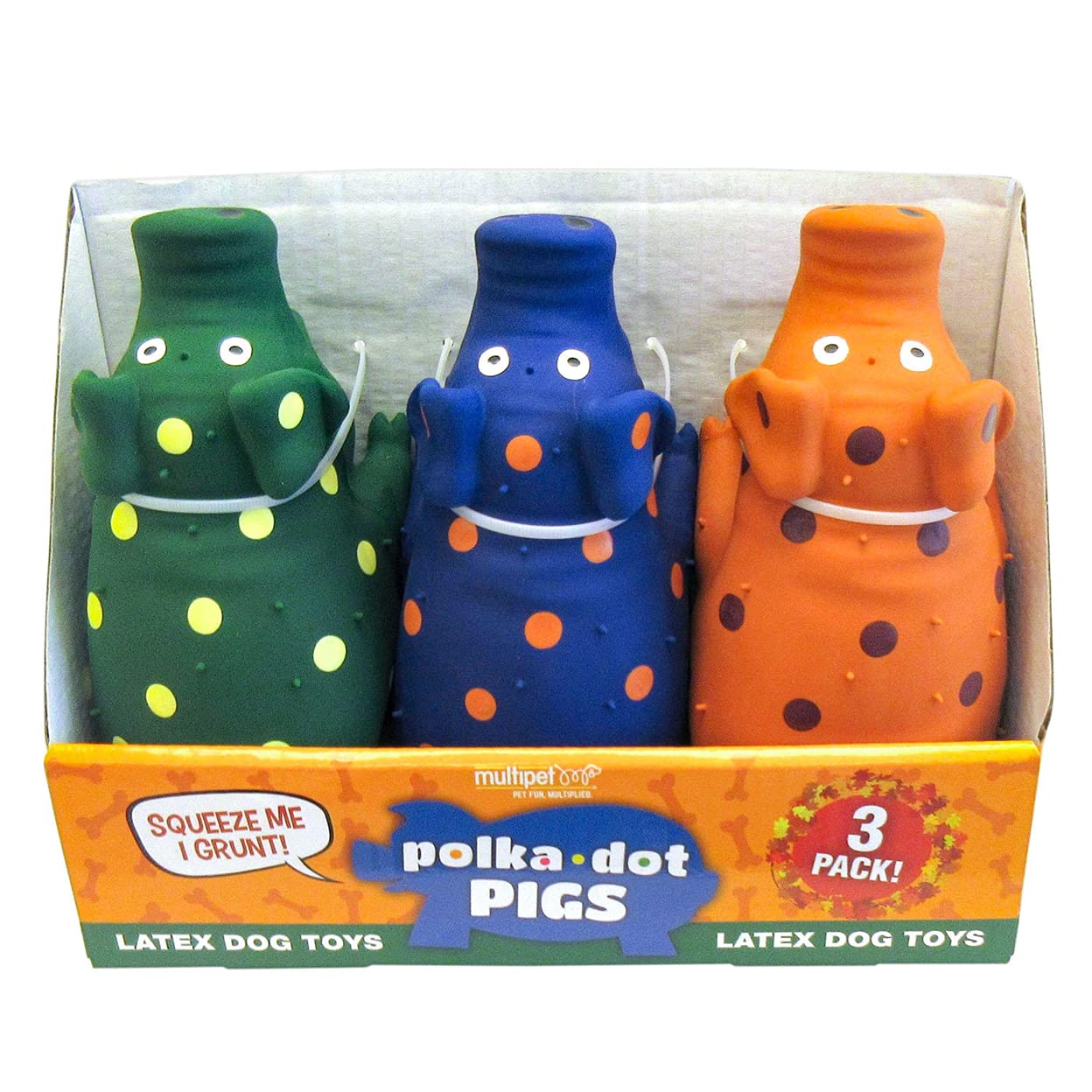 Multipet Polka-Dot Pigs pattern detail highlights bright colors for dogs