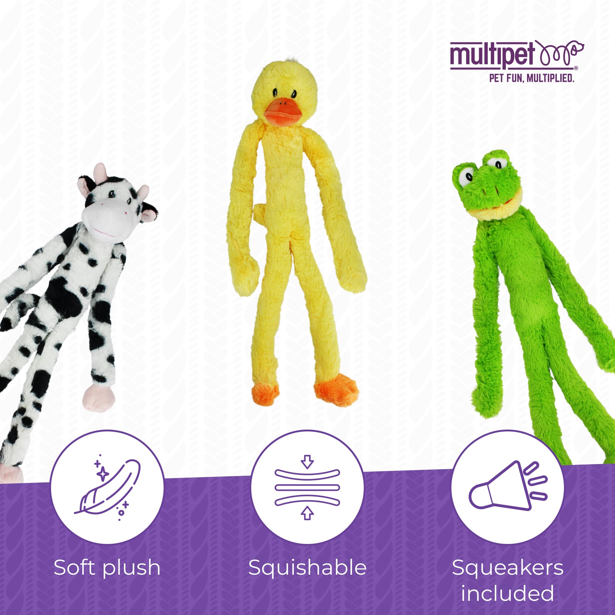 Multipet Swingin' Slevin Duck paw squeaker detail enhances interactive fetch.