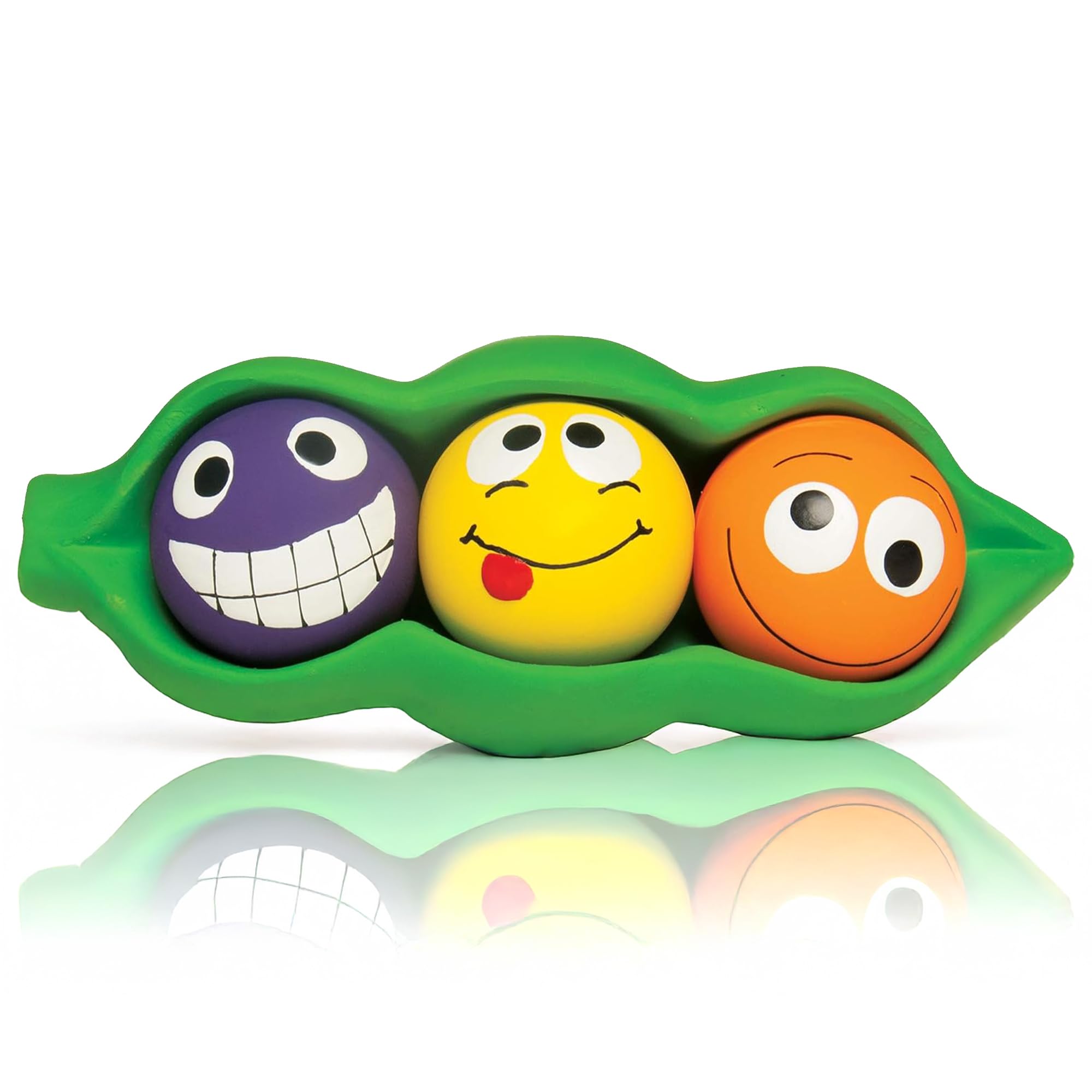 Multipet Three Peas in a Pod pod design ready for interactive play with squeaky balls.