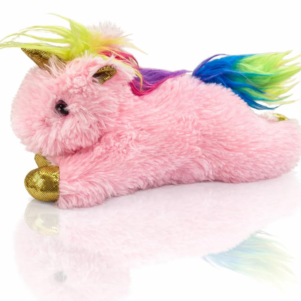 Multipet Unicorn Dog Toy front view in pink plush with squeaker for interactive play