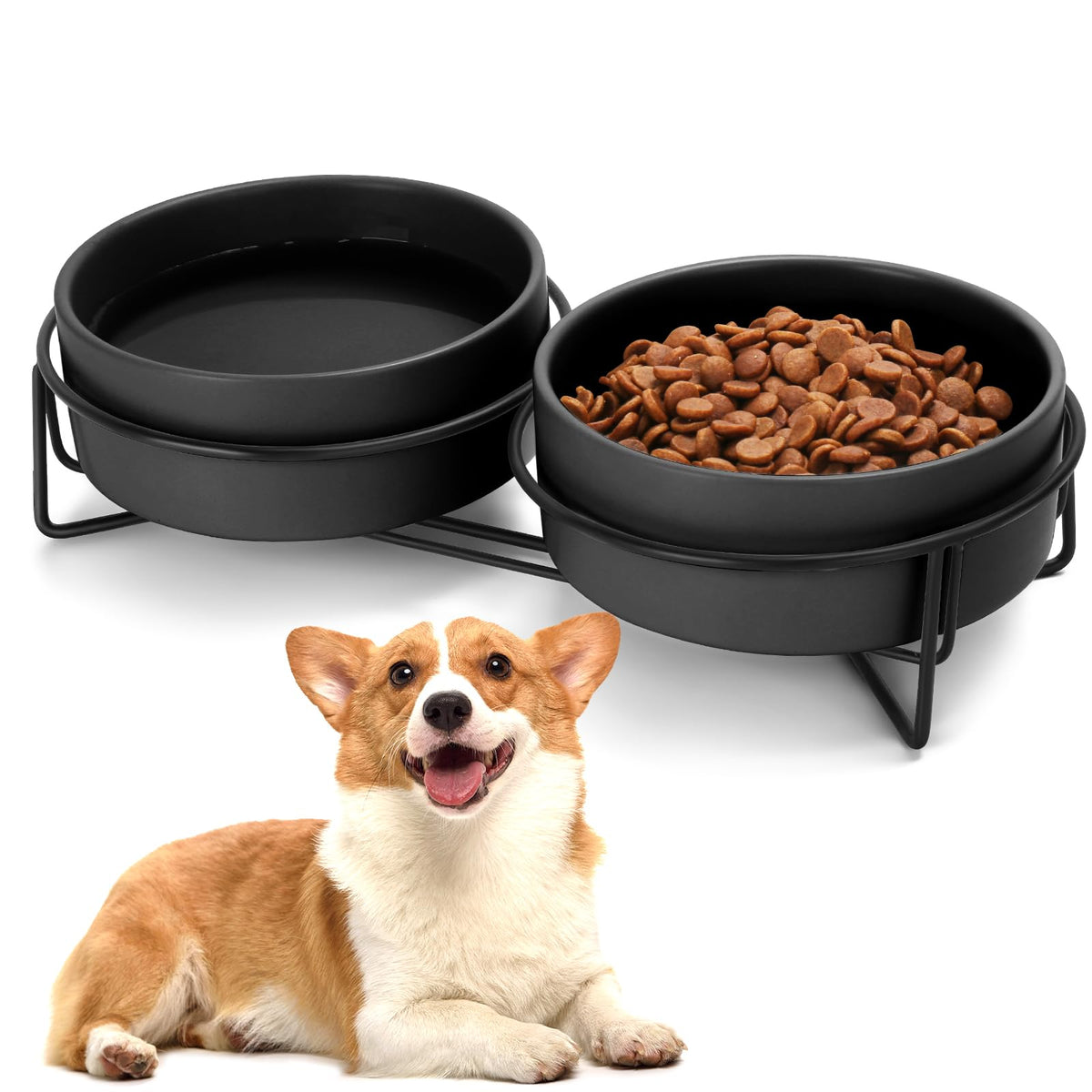 MultiOutools ceramic bowl set with stand provides stable feeding for small pets.
