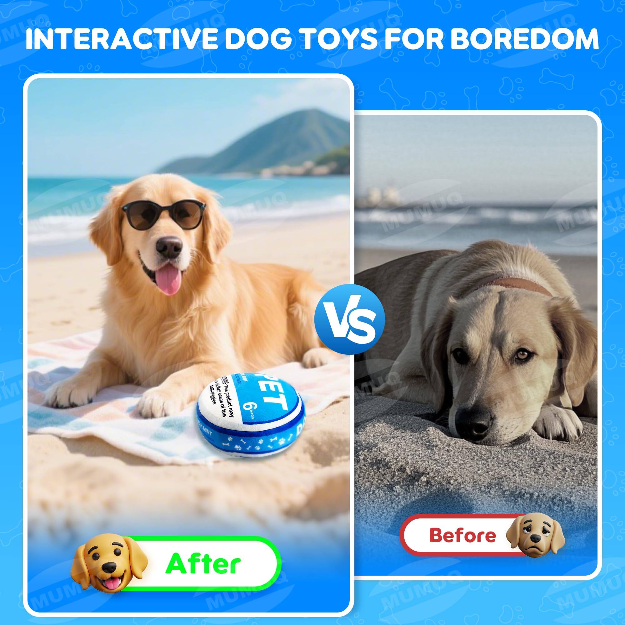 MUMUQ Funny Pupper Deckies toy puppy chewing action demonstrates bite-friendly play.