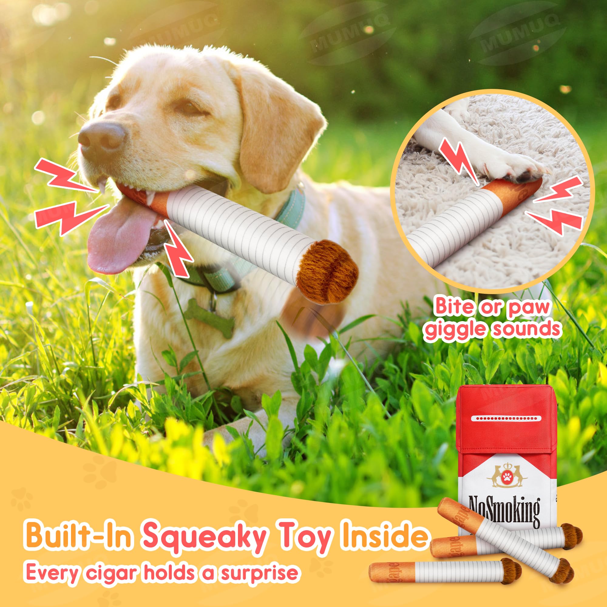 MUMUQ squeaky cigar dog toy close-up highlights interactive fun for pets.