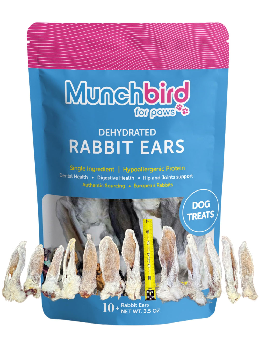 Munchbird dehydrated rabbit ears full bag—a protein-rich, convenient dog treat for daily snacking.