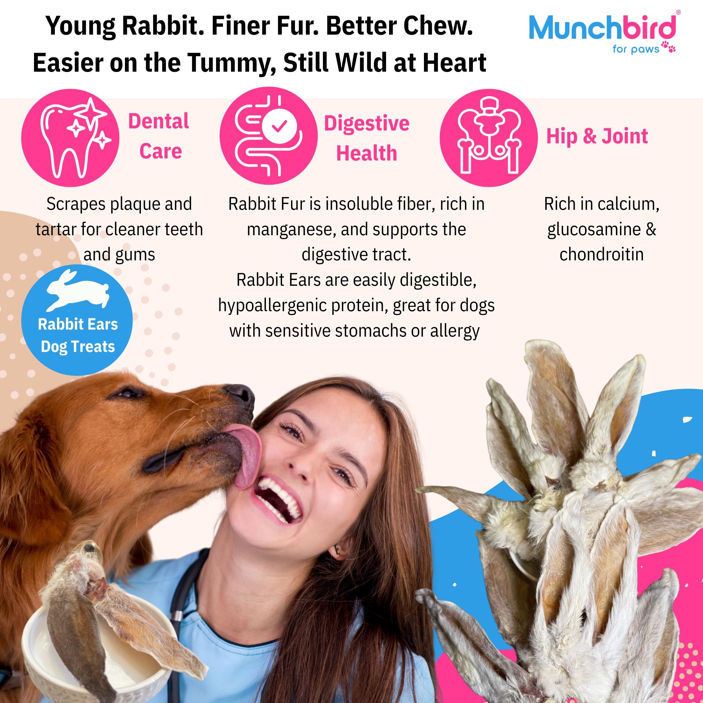 Munchbird rabbit ears fine fur detail—gentle on tummies with hypoallergenic, single-ingredient snack.