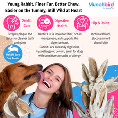 Munchbird rabbit ears fine fur detail—gentle on tummies with hypoallergenic, single-ingredient snack.