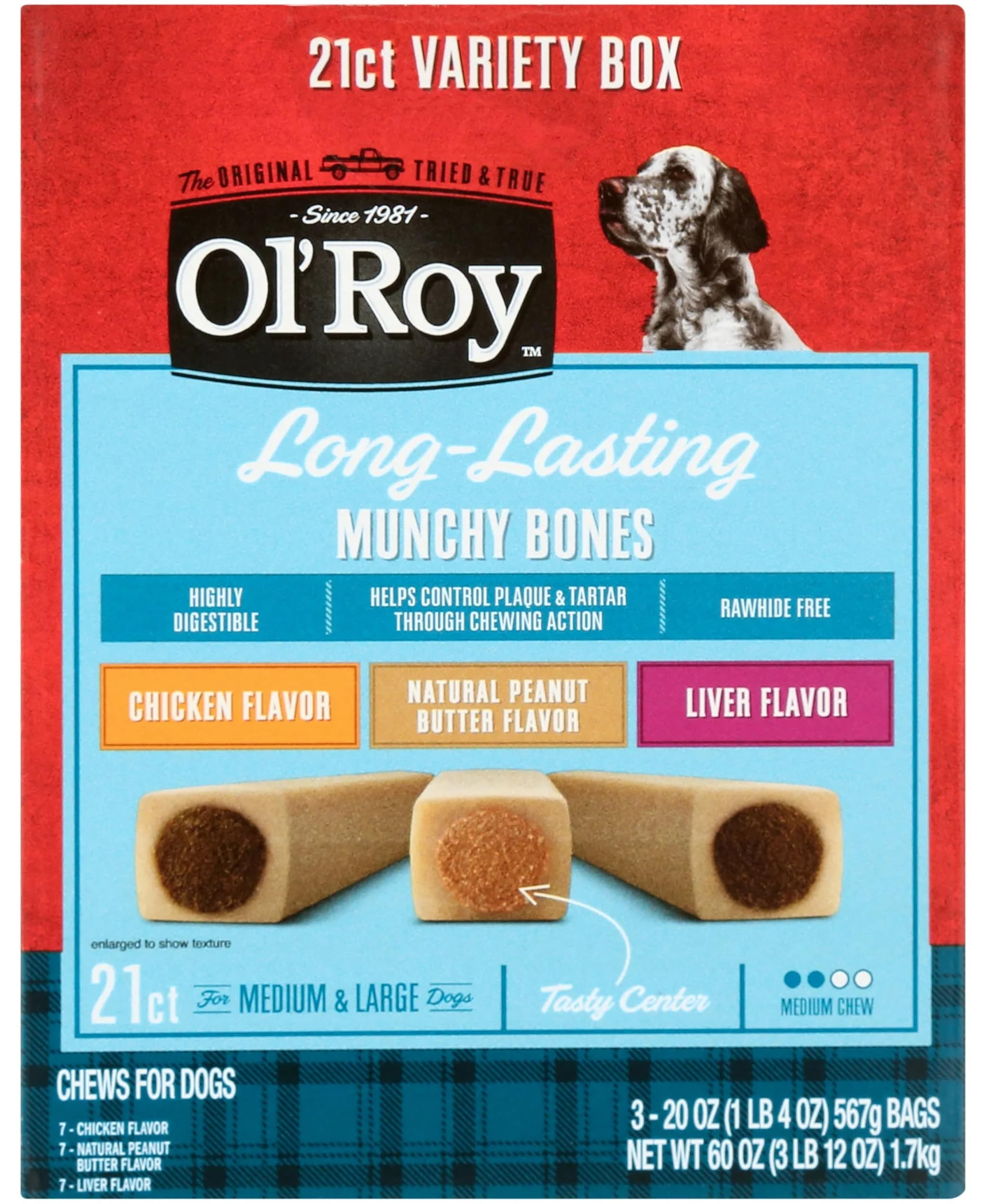 Munchy Bone Dog Treats variety-pack front view highlighting long-lasting chew entertainment.