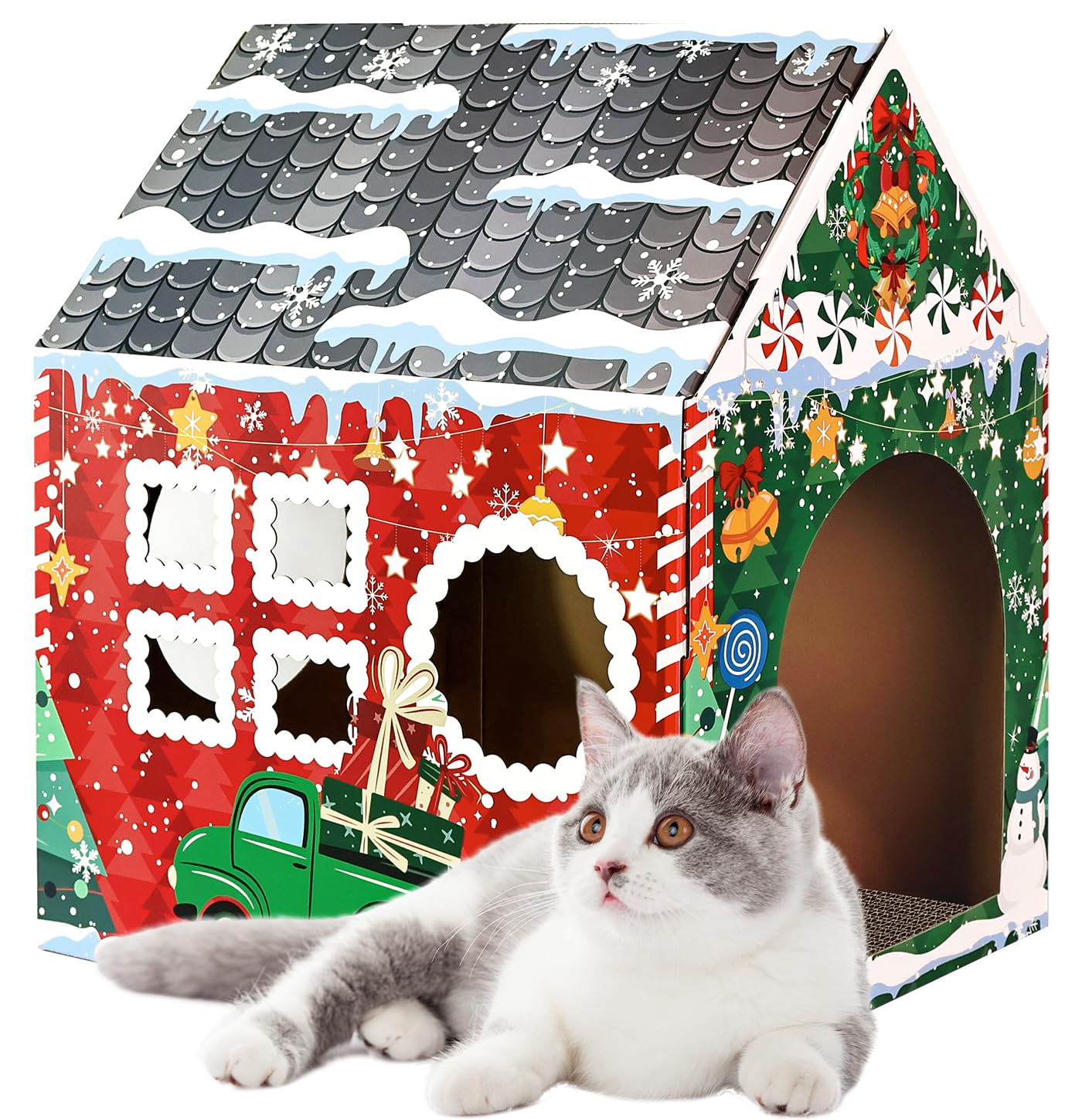 MUNILAIL Christmas cat house front view showcasing a cozy, sturdy hideaway for indoor cats.