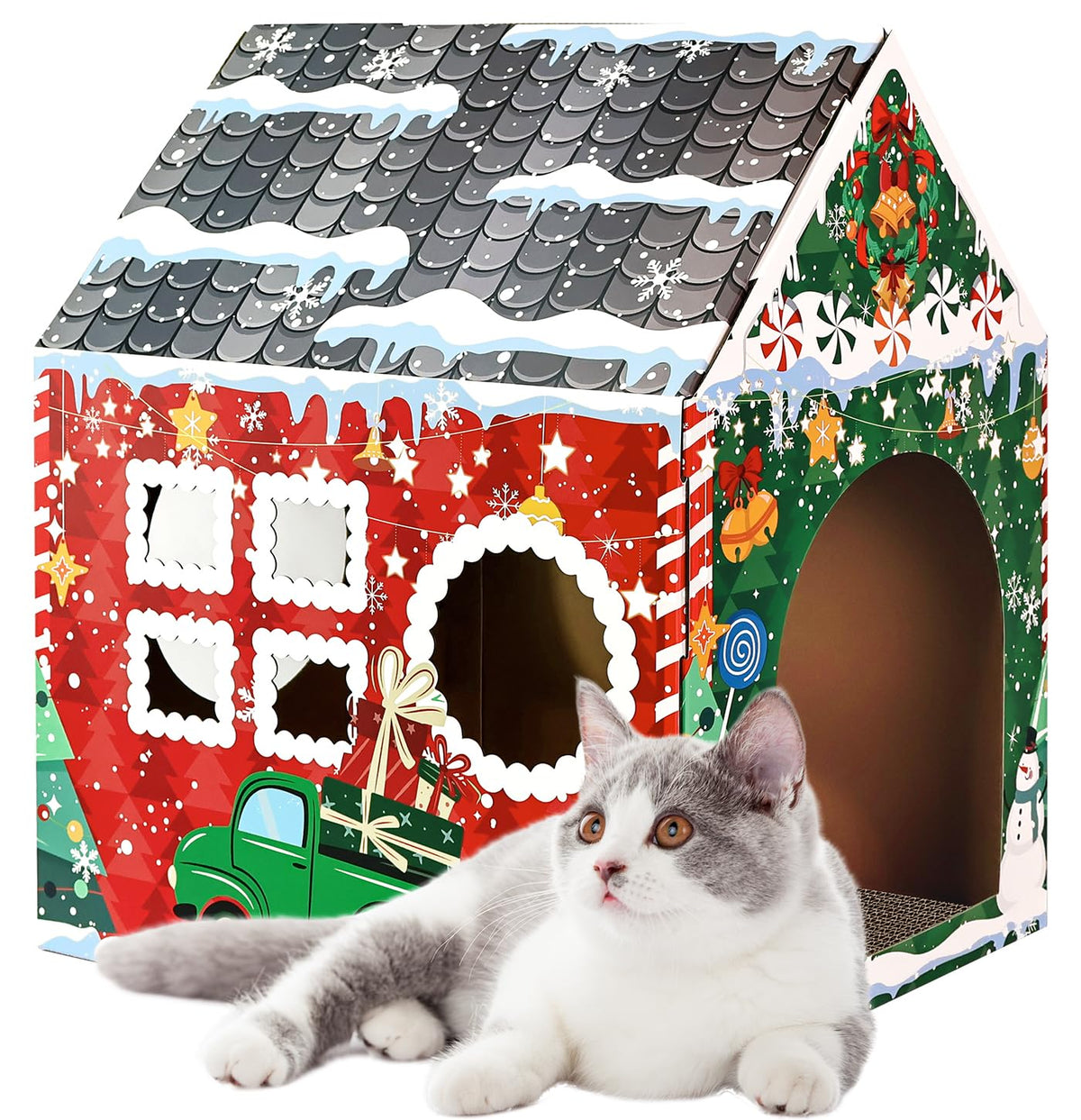 MUNILAIL Christmas cat house front view showcasing a cozy, sturdy hideaway for indoor cats.