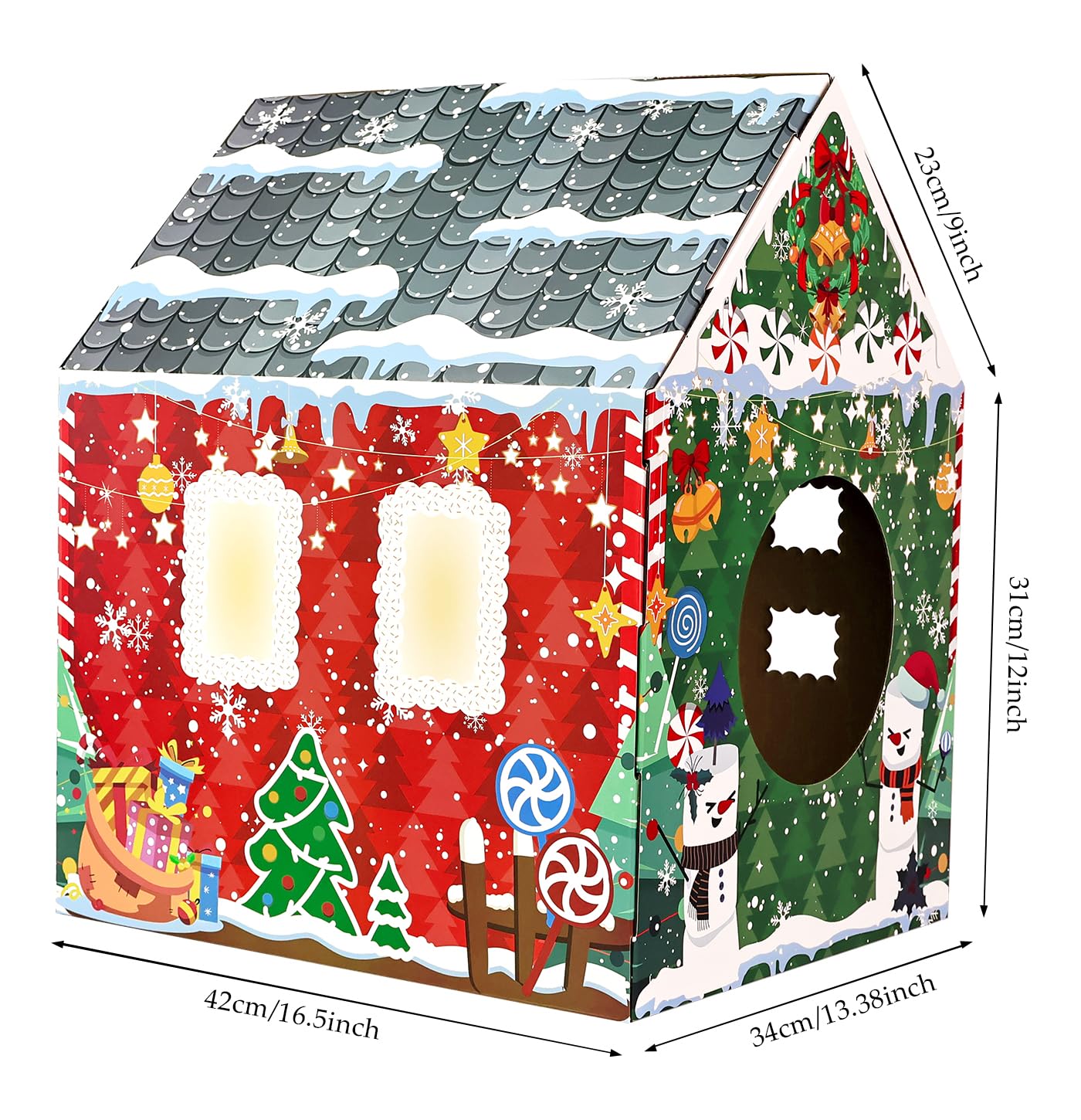 MUNILAIL Christmas cat house side view highlights accessible entry and play space.