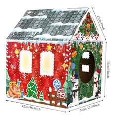 MUNILAIL Christmas cat house side view highlights accessible entry and play space.