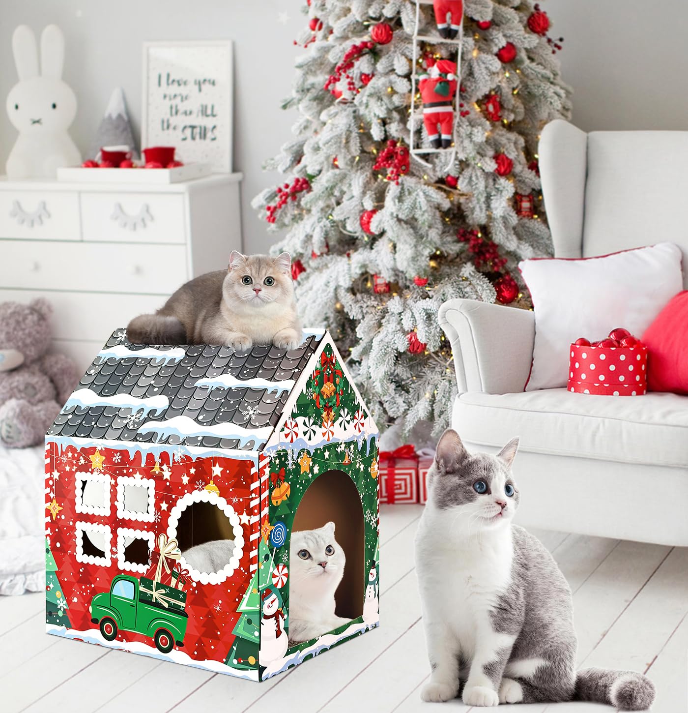 MUNILAIL gift-ready cat house image suggests a holiday present for cat lovers.