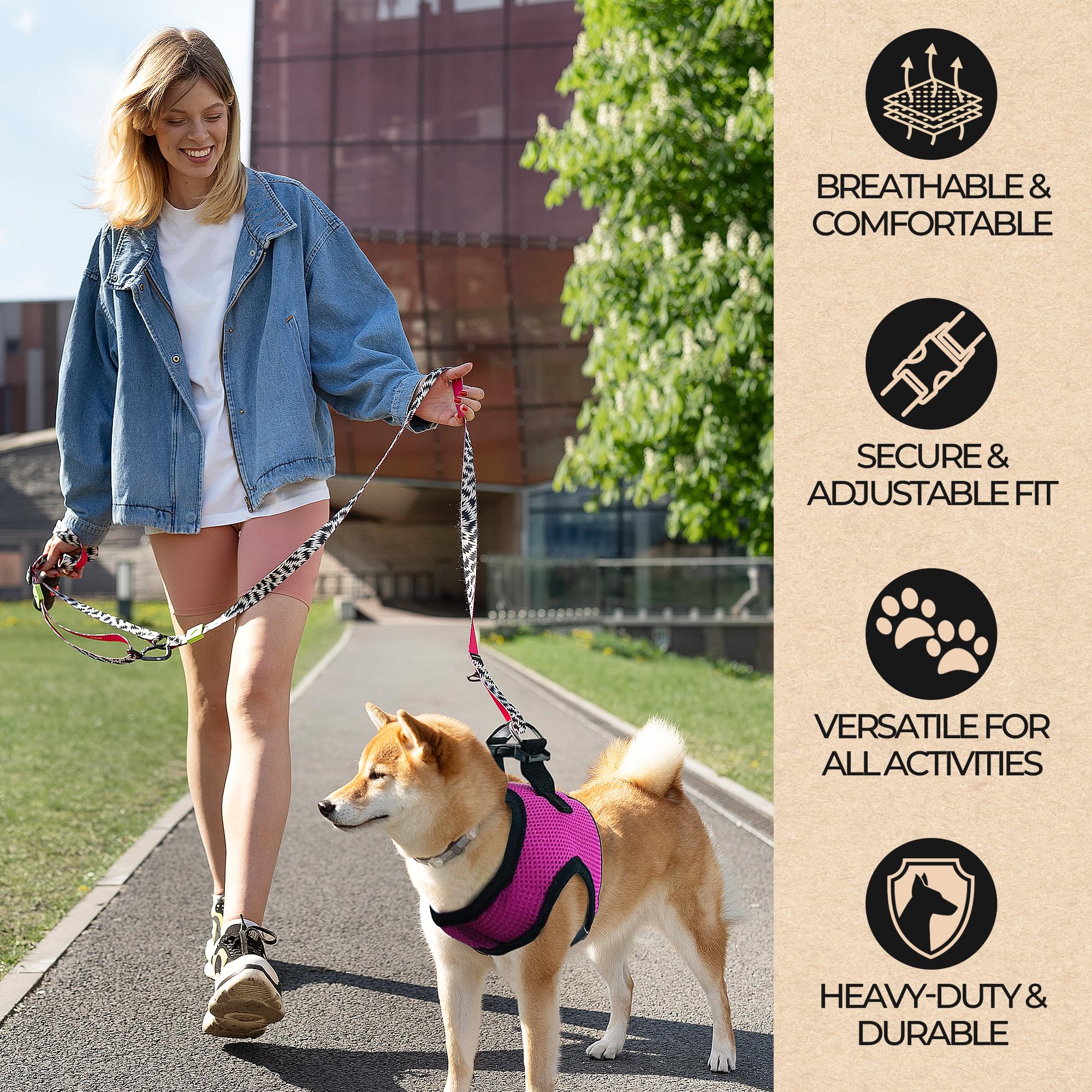 Murphy & Roxy No-Pull Harness pink size S reflective trim enhances nighttime visibility.