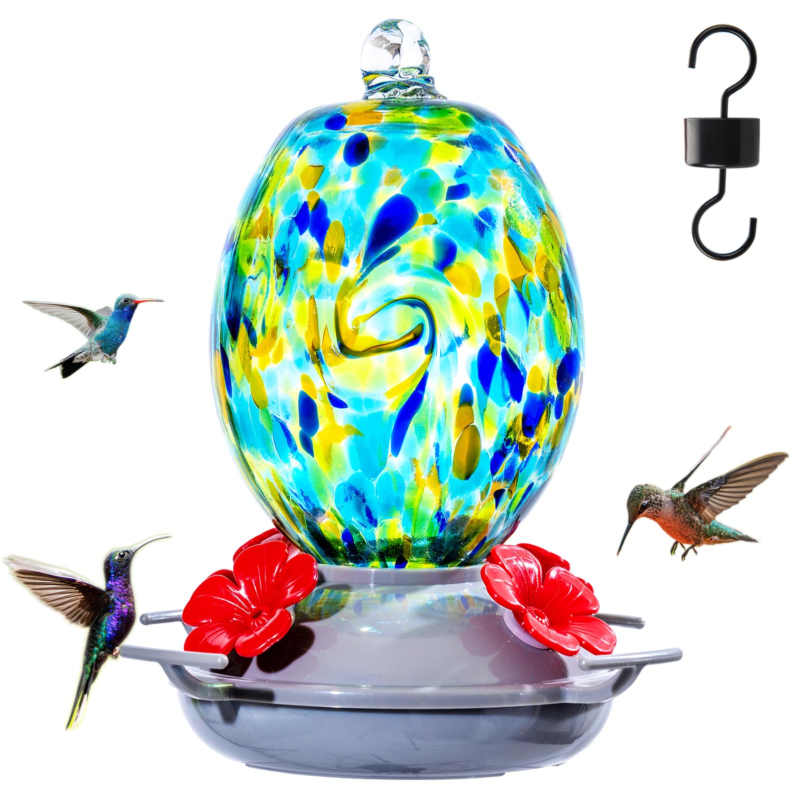Muse Garden starry-night glass hummingbird feeder enhances outdoor decor and attracts pollinators.