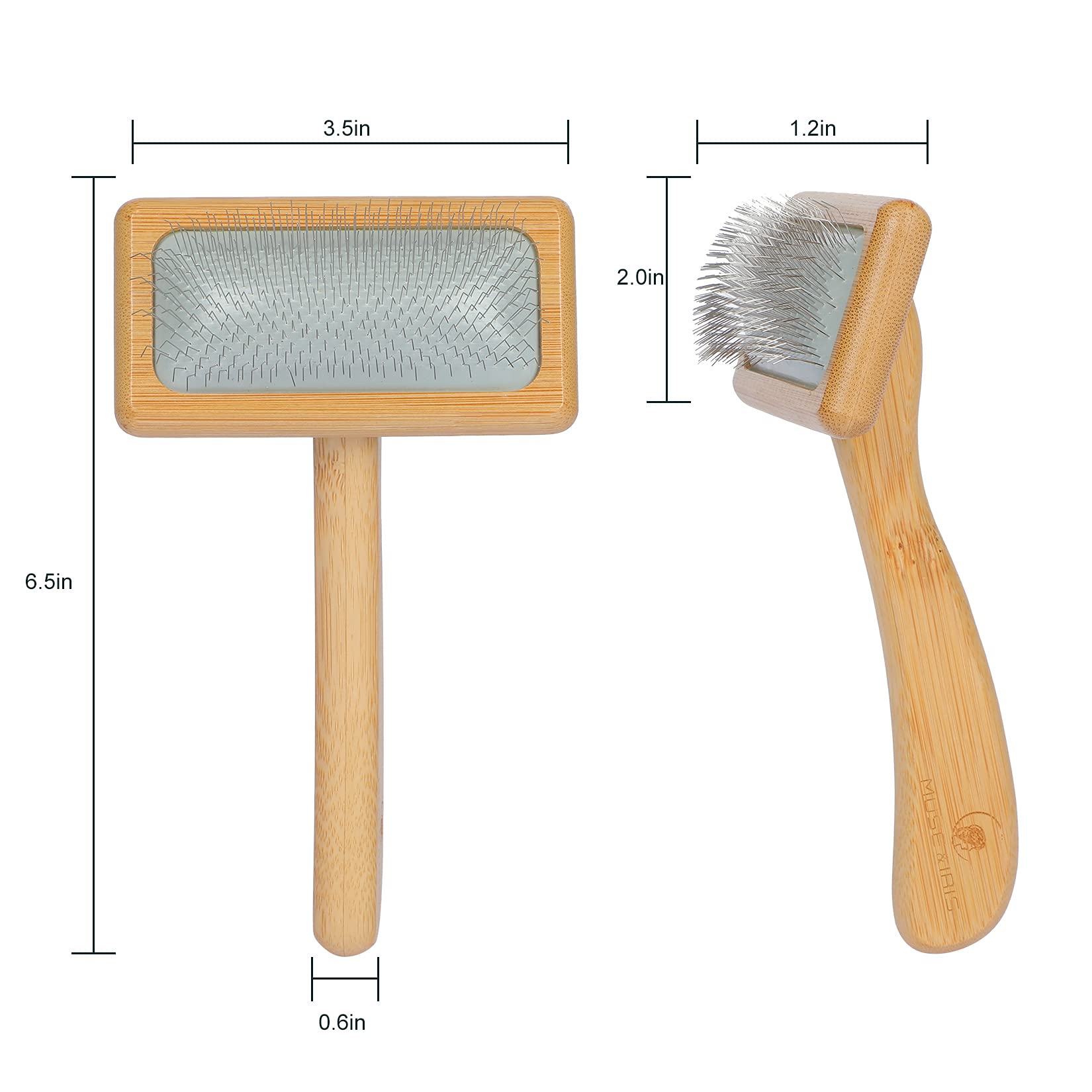 Muse&Iris grooming brush with bamboo handle provides comfortable, long grooming sessions.