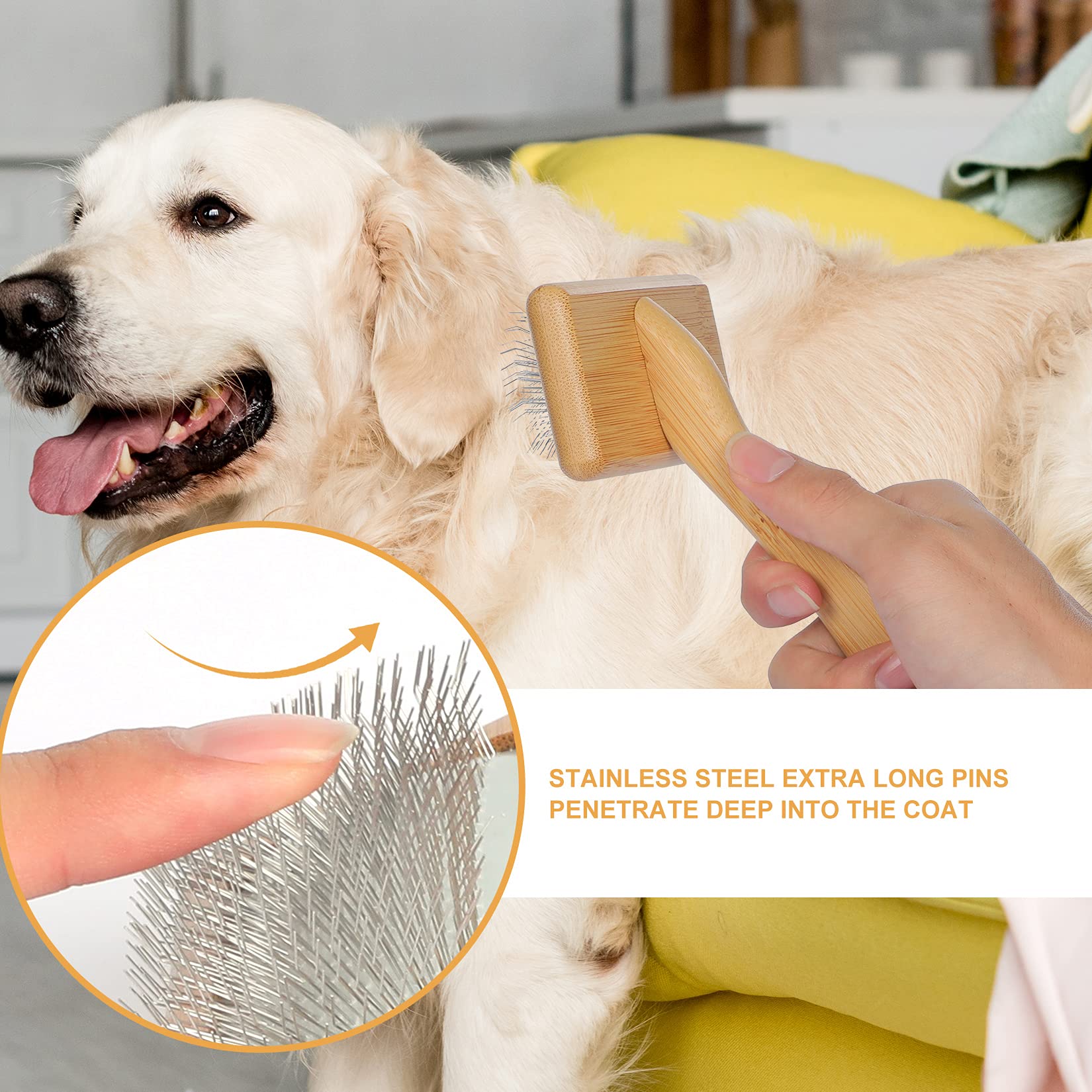 Muse&Iris slicker brush with stainless pins targets tangles for smooth coats.