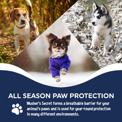 Musher's Secret hot pavement protection image highlights all-season paw barrier.