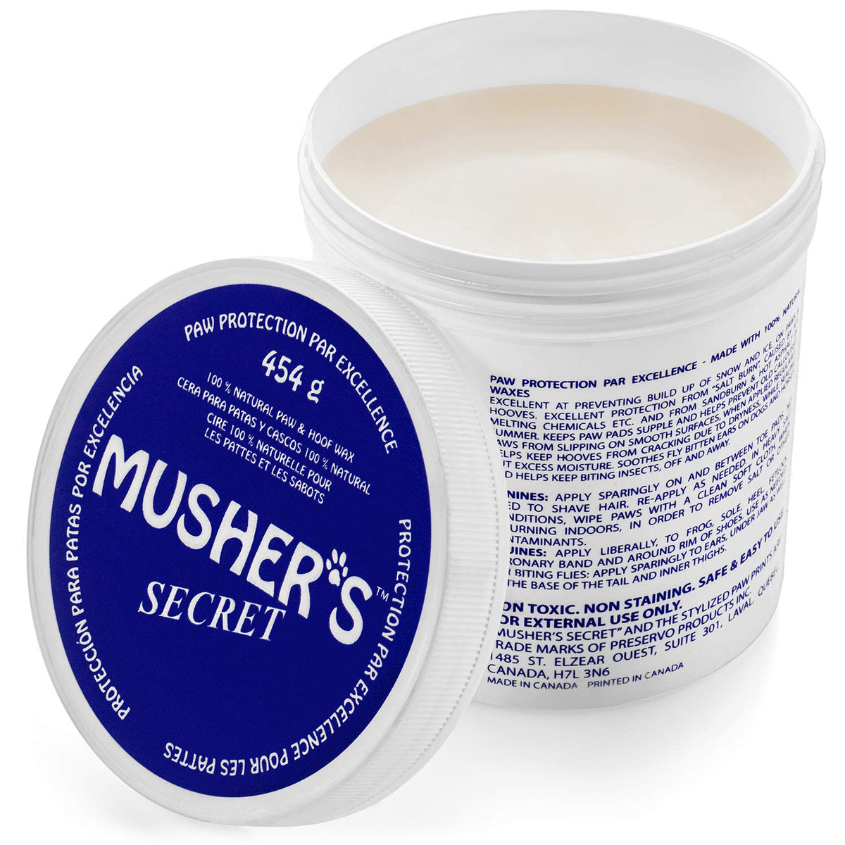 Musher's Secret dog paw wax jar protects paws with all-natural ingredients for outdoor adventures.