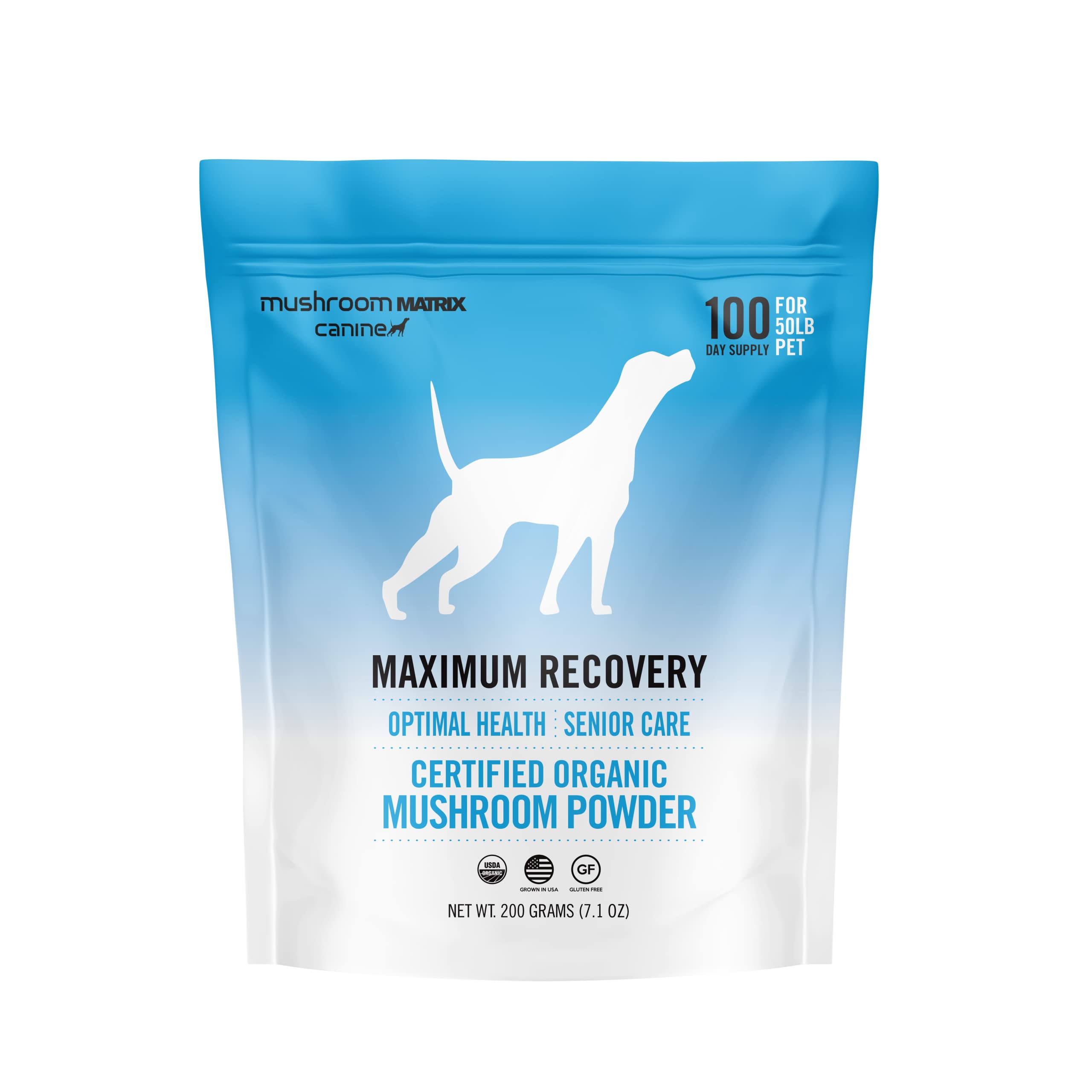 Mushroom Matrix Maximum Recovery packaging highlights premium organic blend for dogs and cats for daily pet wellness.